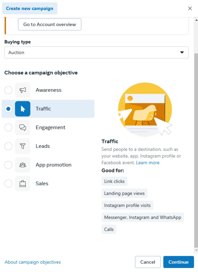 Facebook campaign objectives with descriptions