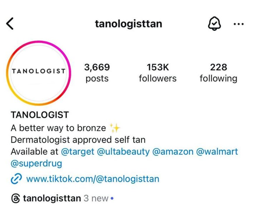 Tanologist Instagram bio tagging 5 stores its products are sold at