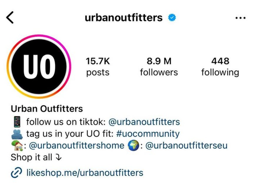 Urban Outfitters' Instagram bio with black logo as profile picture