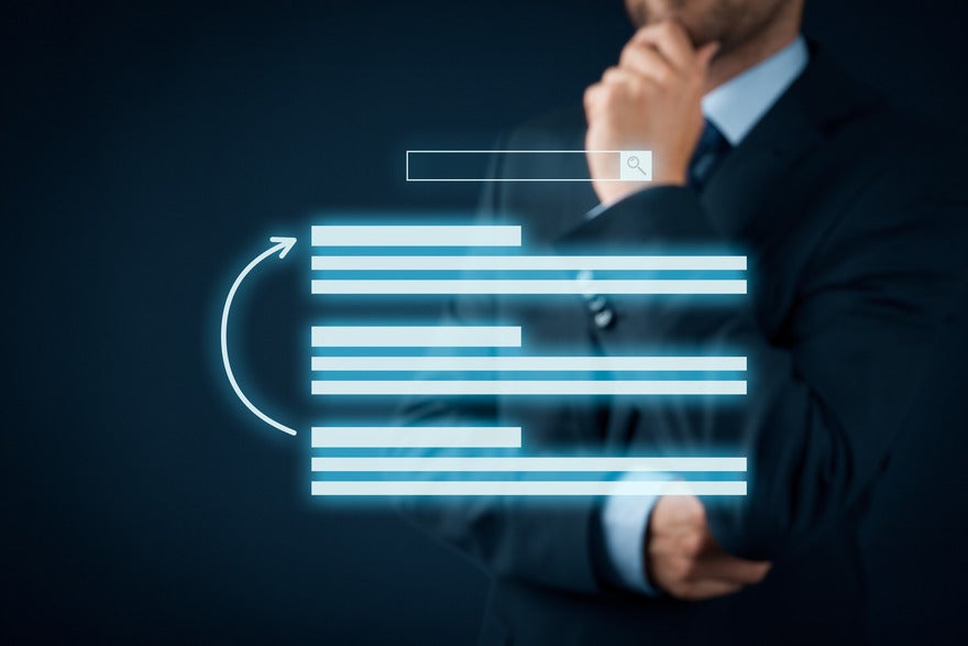 Man looking questioningly at a floating image of search results with an arrow indicating a change of position