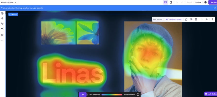 website design with attention heatmap on eye-catching elements