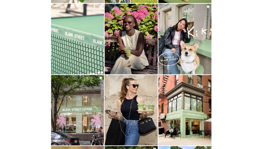 Blank Street Coffee's Instagram grid with lifestyle photos featuring a mint green color