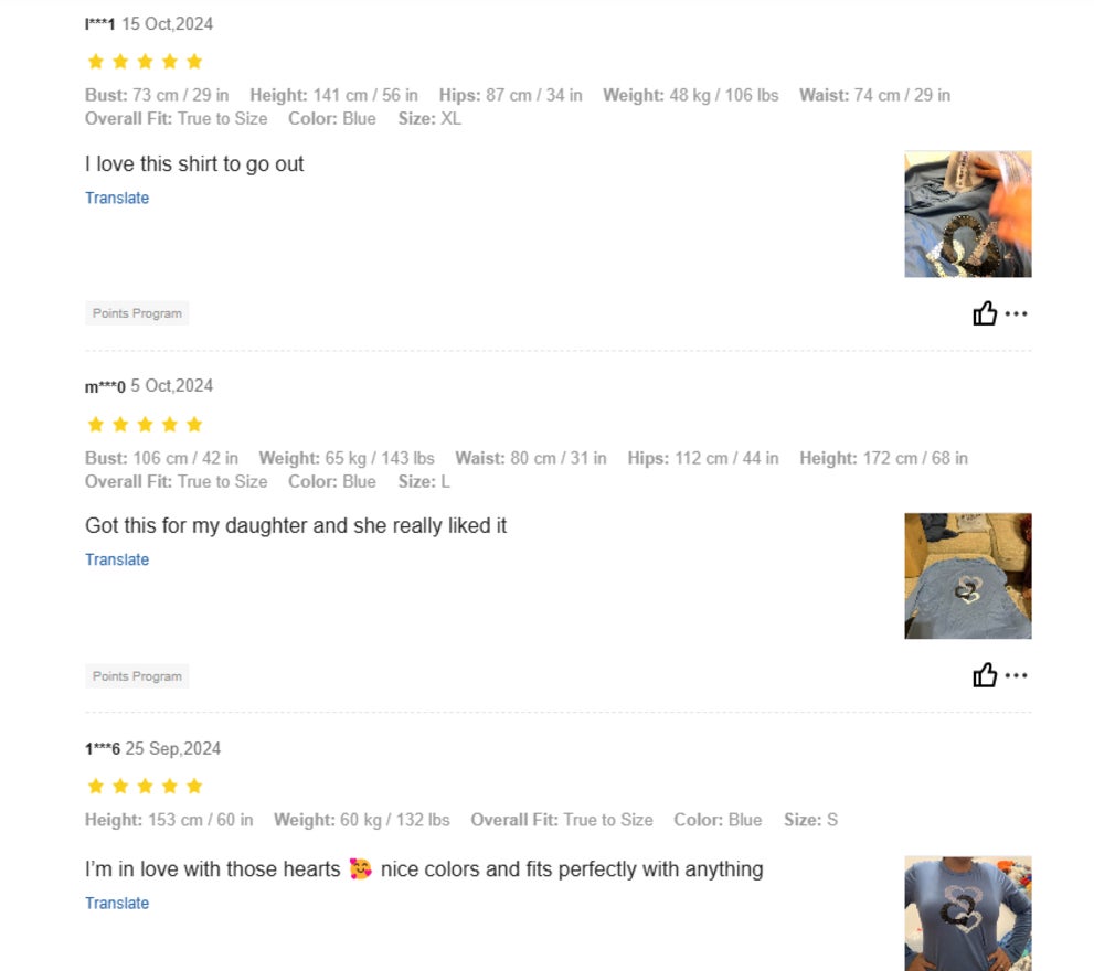 three customer reviews with pictures on Shein website