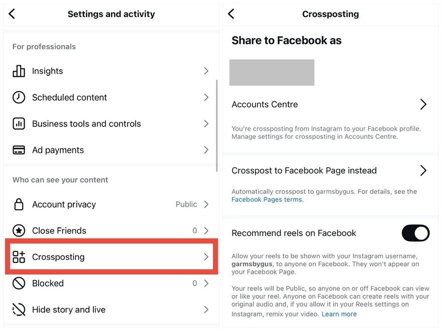 Red box highlighting the @Crossposting@ tab in Instagram's settings