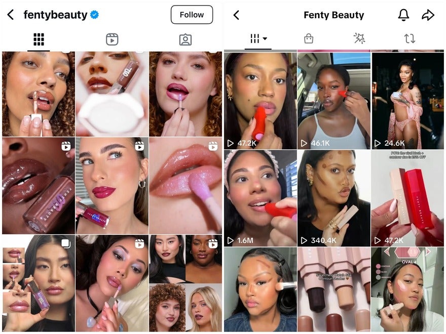Two screenshots of Fenty Beauty's Instagram feed (left) and TikTok feed (right).