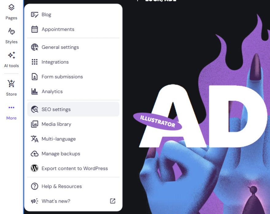 Sidebar menu with options like blog, appointments, and SEO settings on the left. On the right, stylized blue hand with purple nails holding "AD" text.