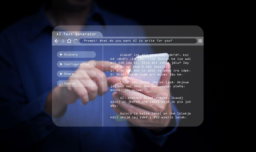A hand tapping a phone with an overlay of an AI-generated text screen