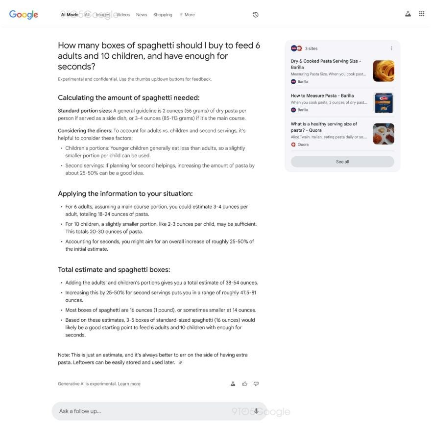 Screenshot of a leaked Google results page showcasing the "AI Mode" with an answer to a user query.