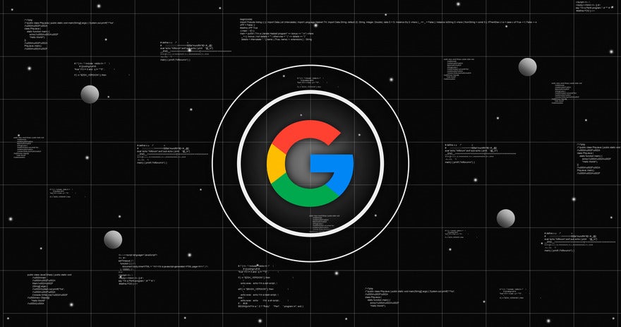 Google logo floating in front of a black background with tech styling