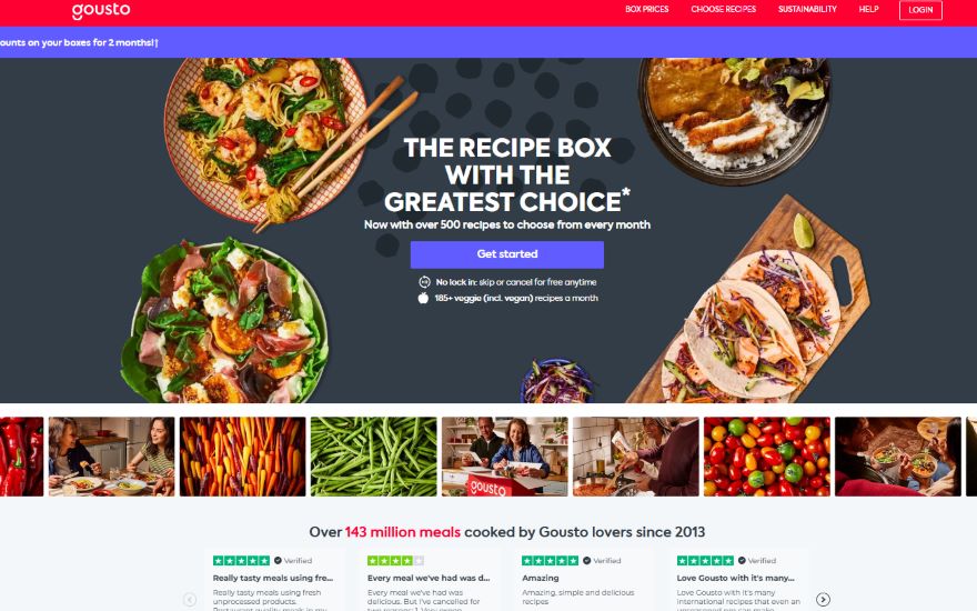 Screenshot of Gousto's homepage with hero image of food, a tagline, and cta box