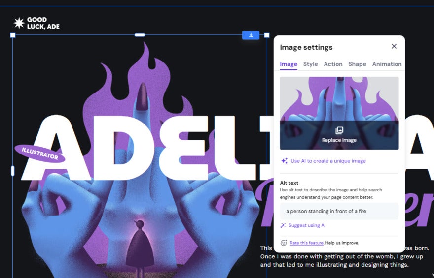 Image settings pop up window for selected image
