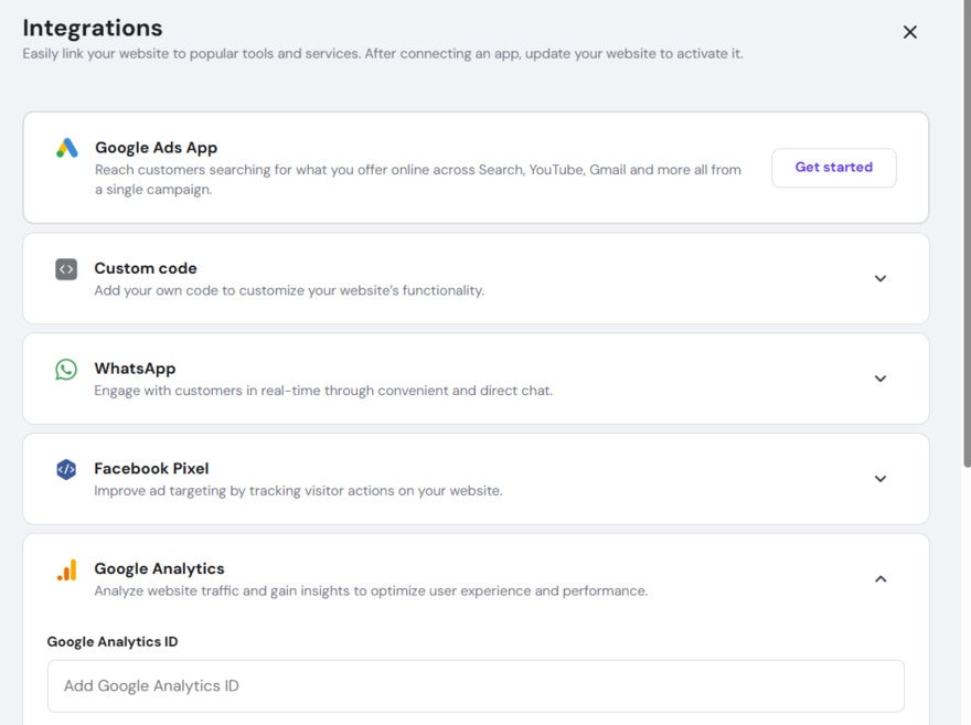 Integration options including Google Ads, WhatsApp, Facebook Pixel, and Google Analytics with brief descriptions and activation buttons