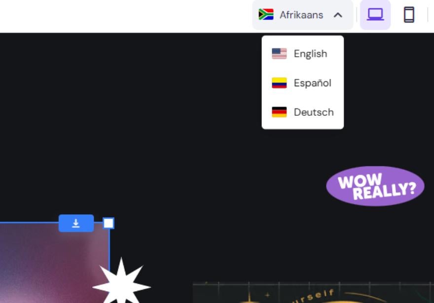Dropdown menu displaying language options in English, Spanish, and German on a digital interface with a black background.