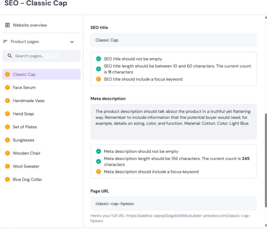 AI SEO product page interface focusing on the 'Classic Cap' product page. SEO and meta description requirements with alerts are visible