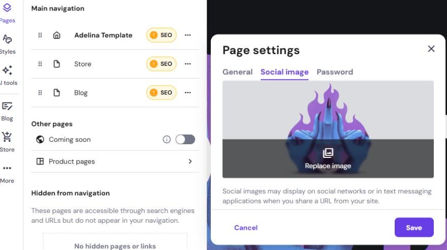 Website dashboard showing navigation options like "Adelina Template," "Store," and "Blog," each with SEO alerts. "Page settings" dialog is open, focused on "Social image" tab with an option to replace an image. "Save" and "Cancel" buttons visible.