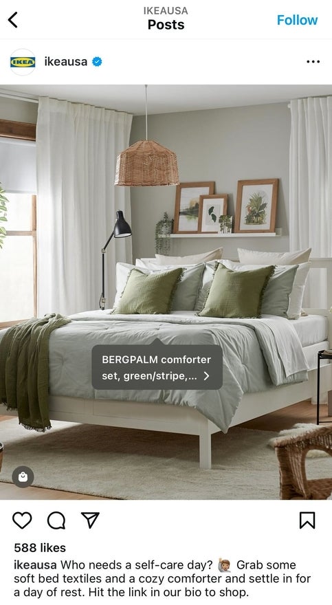 Ikea Instagram post of a bed with a shoppable link