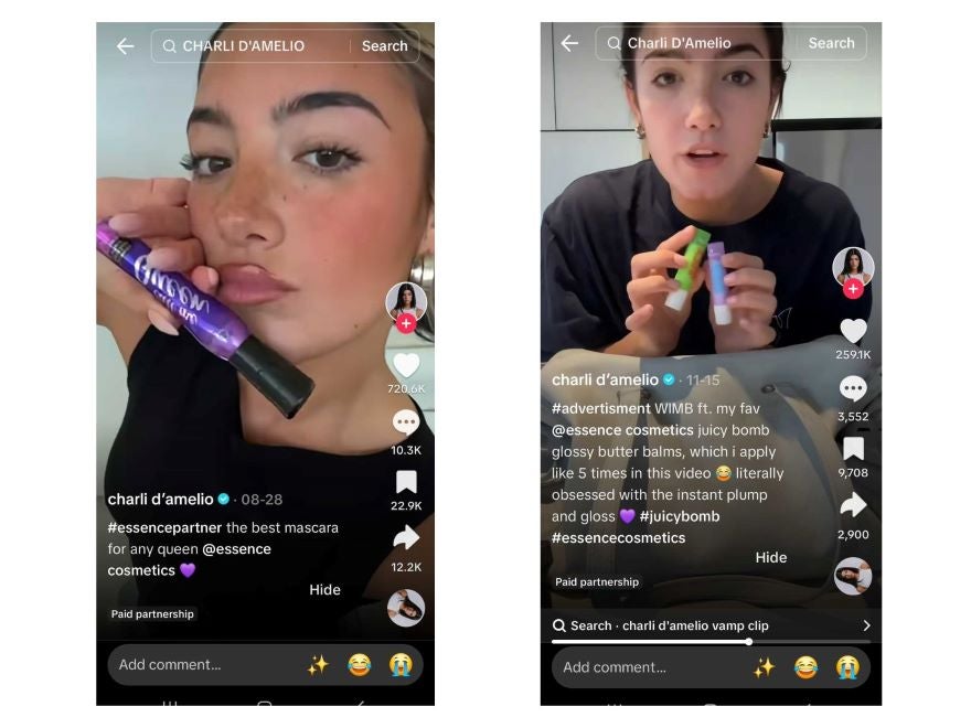 Screenshot of TikTok's where influencer Charli D'Amelio promotes Essence Makeup products.