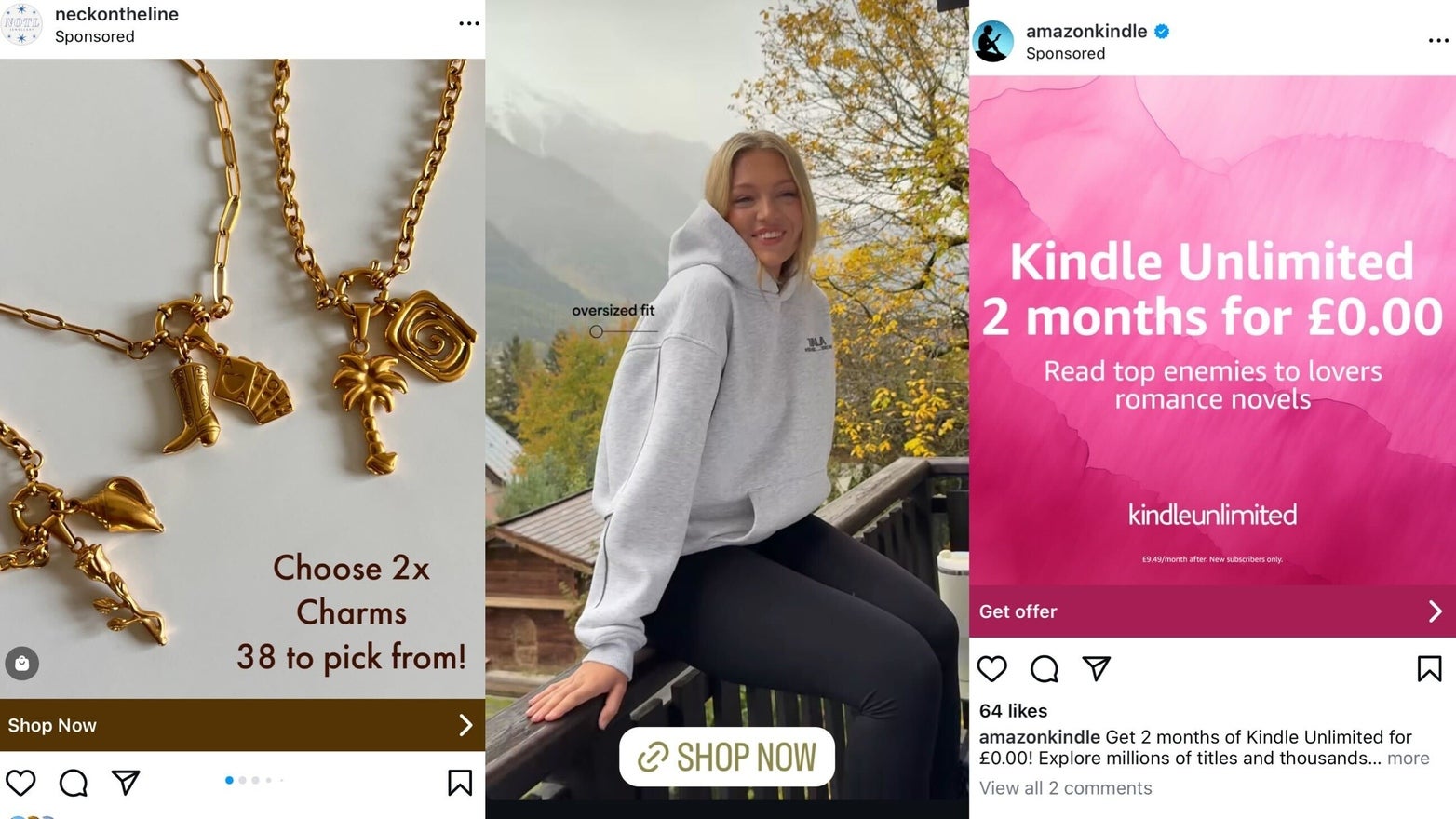 Three examples of ads on Instagram posts and stories