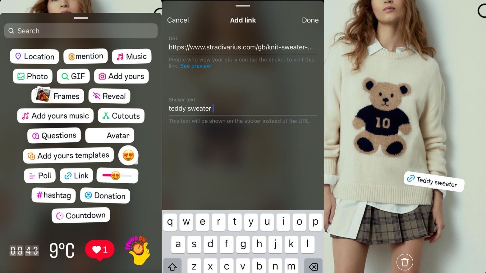 Three screenshots showing how to add story links