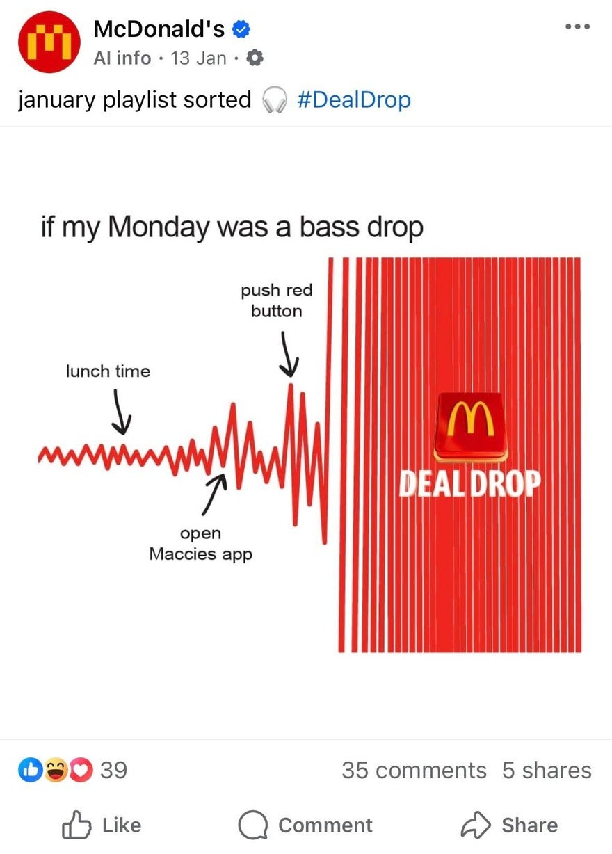 Mcdonald's posting a meme titled "if my Monday was a bass drop". Shows a small red zigzagging line rapidly expanding when it reaches the McDonald's deal drop time
