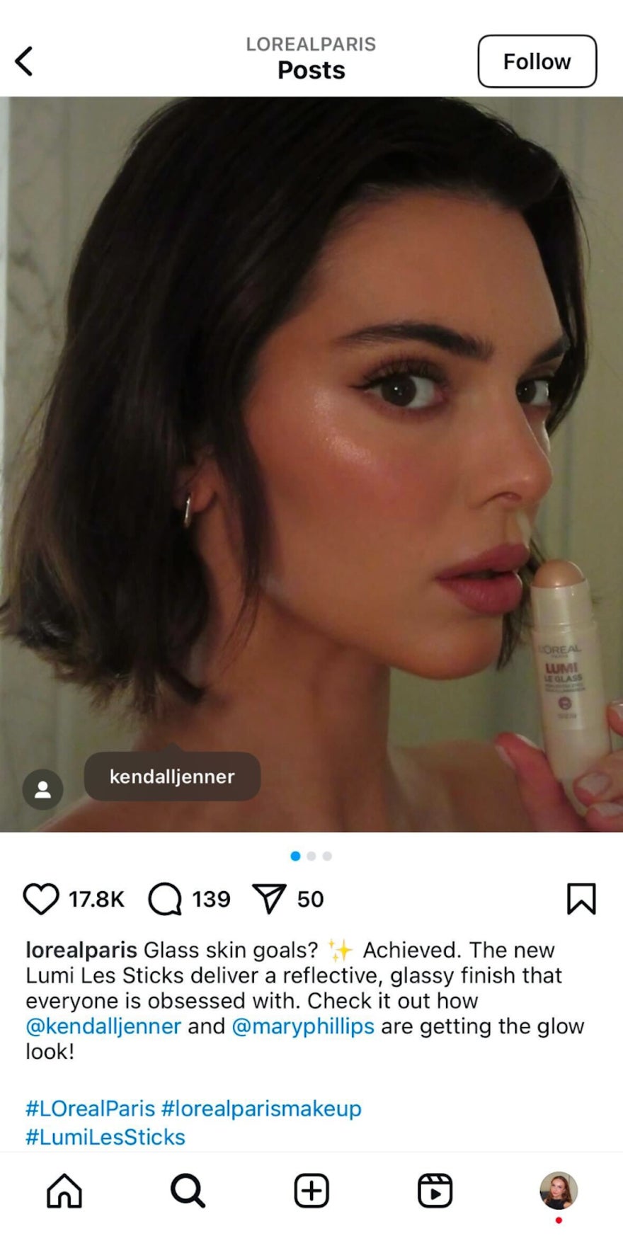 kendal jenner's instagram post holding blusher next to her face
