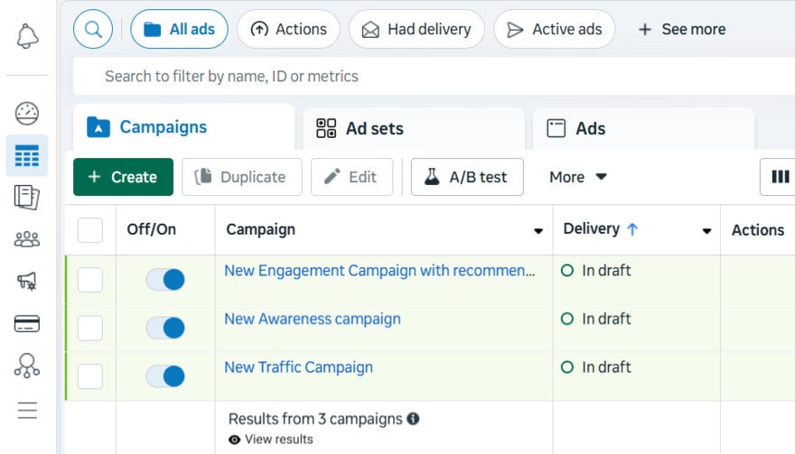 Meta Ads Manager campaigns page showing A/B Test button