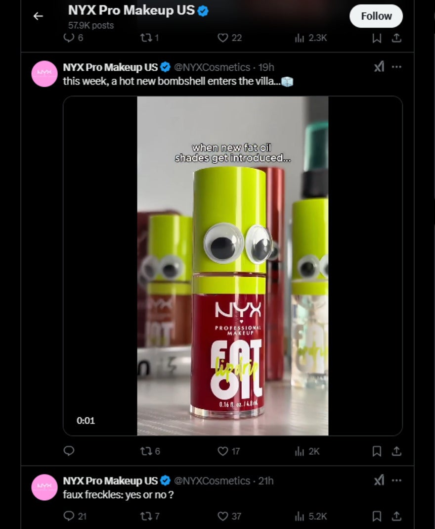 Nyx tweet of a lip gloss with googly eyes on it