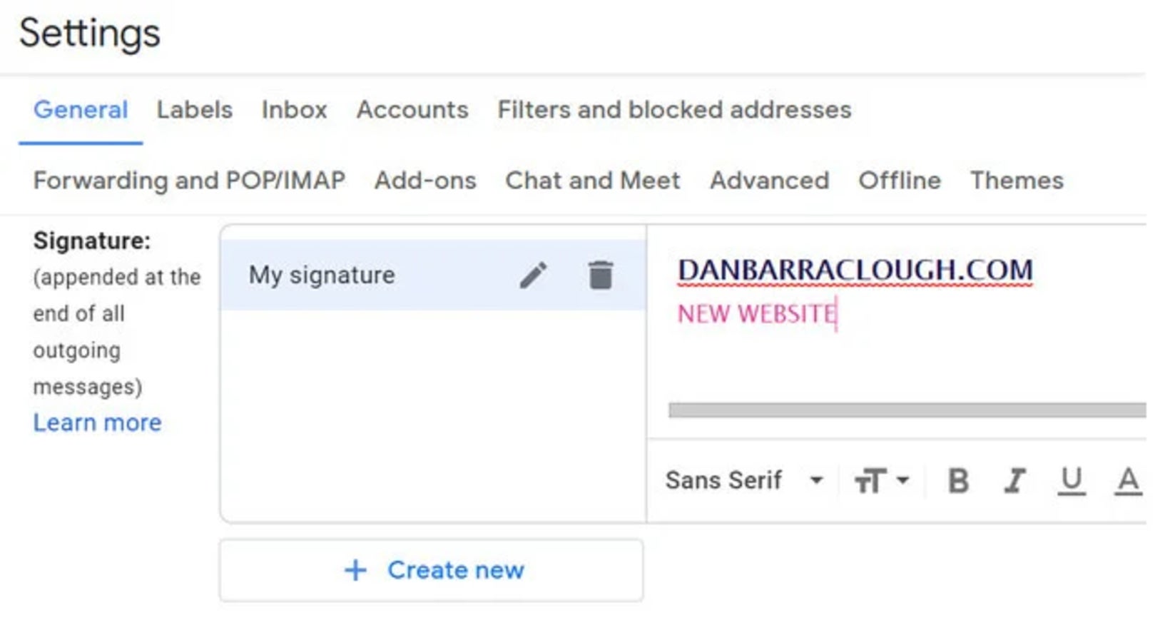 gmail settings adding an email signature