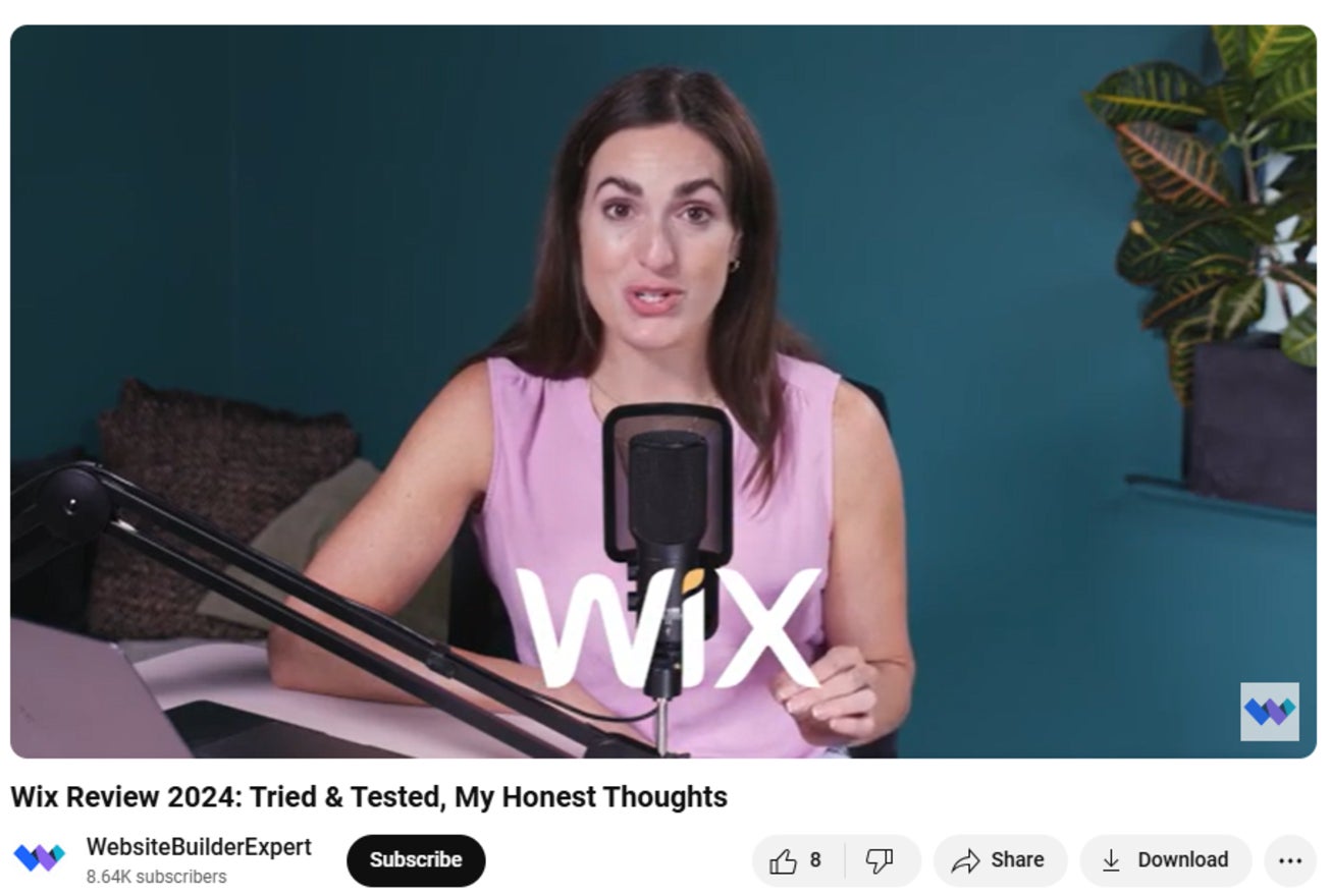 YouTube video titled Wix review 2024 on the website builder expert youtube channel