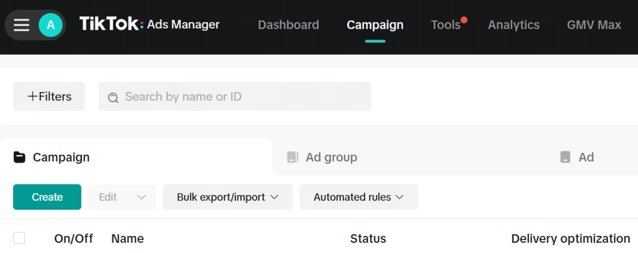 Campaigns tab on tiktok ads manager
