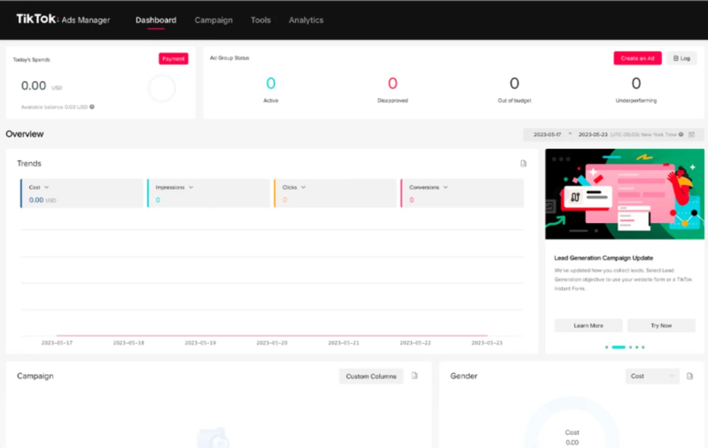 TikTok ads manager dashboard showing overview and trends