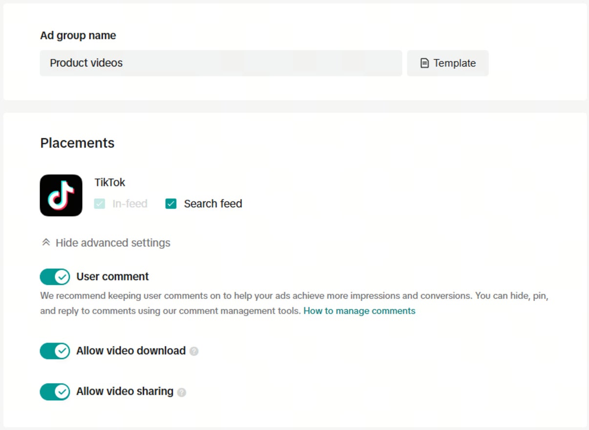 TikTok ad placement options and advanced settings