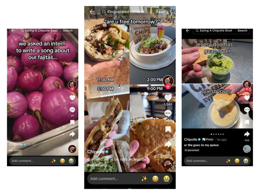 Screenshot of Chipotle TikTok's showcasing its memes