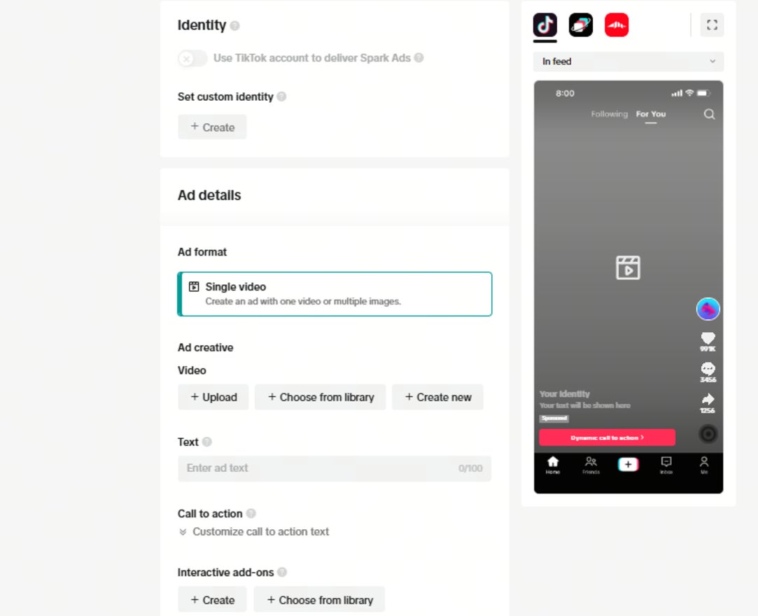 TikTok create an ad settings