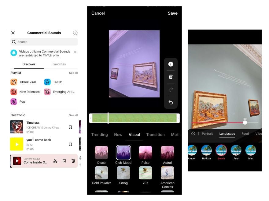 Screenshots of TikTok's editor showcasing visual effects like transitions, filters, and sounds