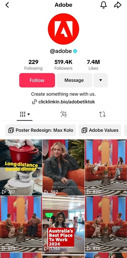 Adobe TikTok profile page