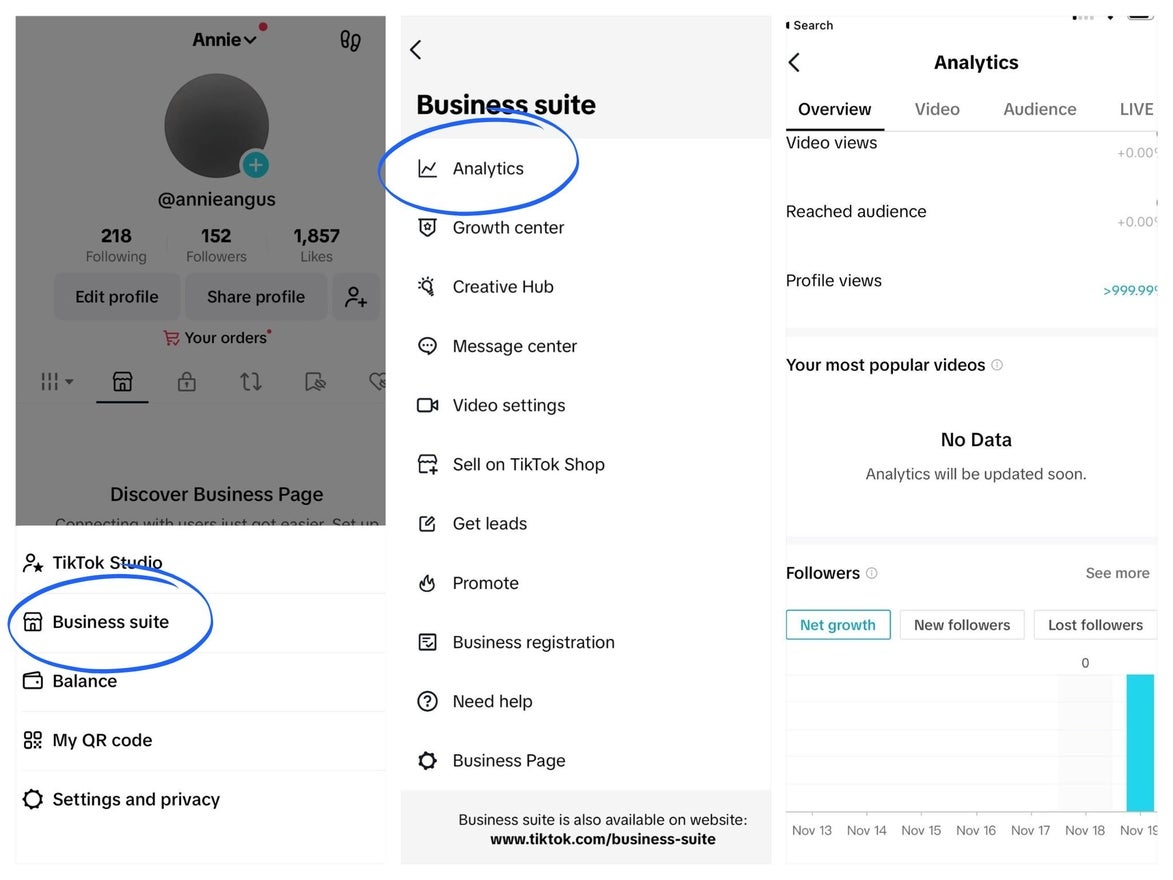Three screenshots showing how to access TikTok's native analytics