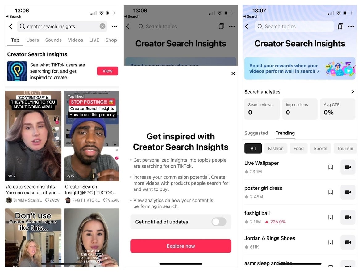 Three screenshots showing how to locate the creator insights tool