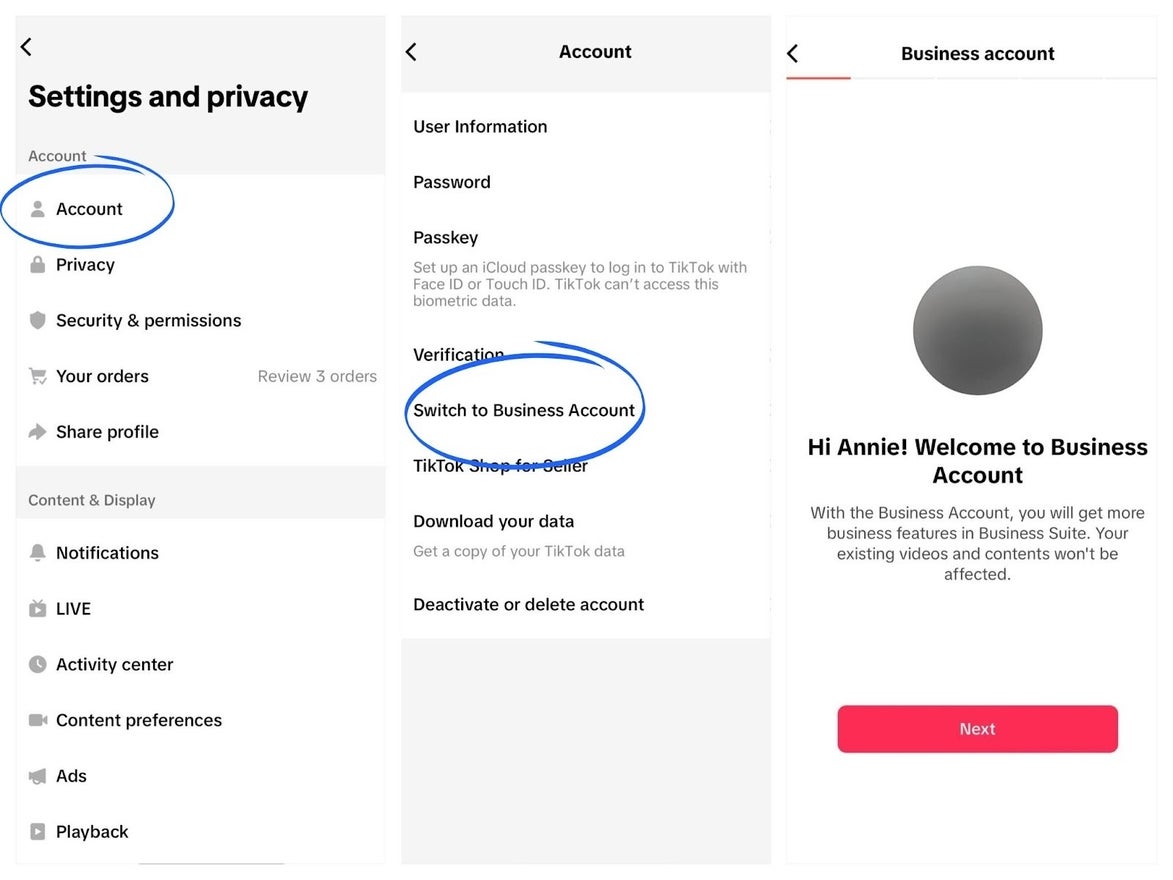 Three screenshots showing how to switch TikTok account