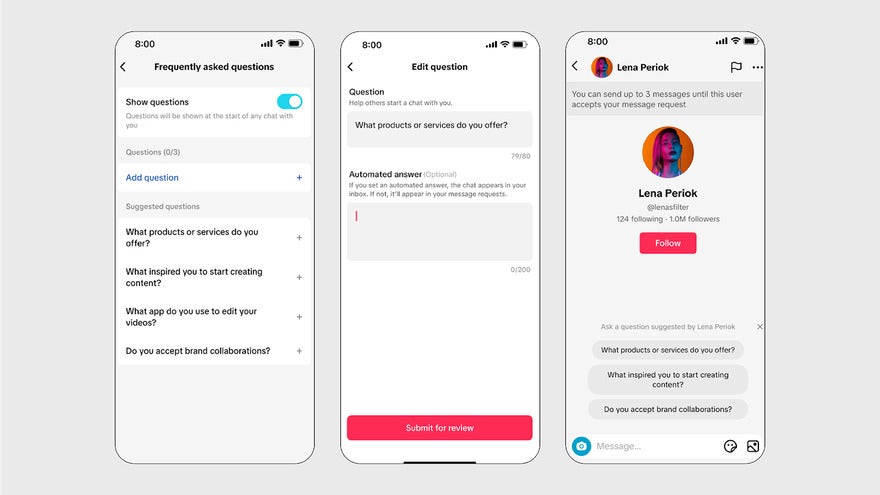three screenshots showing the process of picking questions, adding answers, and how they appear in the chat