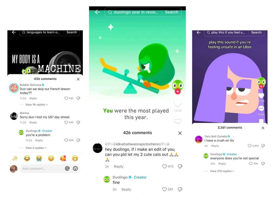 Screenshot of Duolingo's comment replies from its TikTok videos