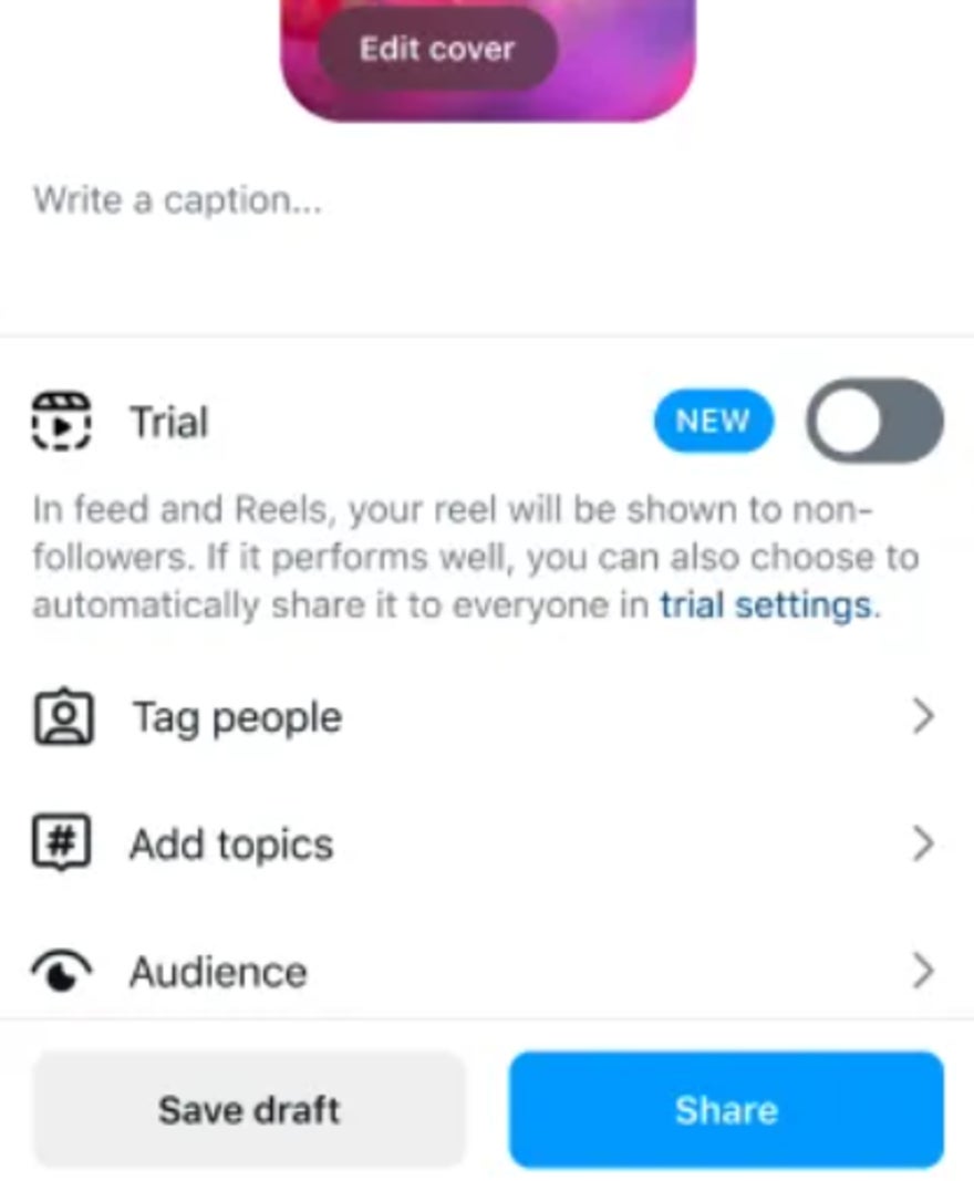 publishing an Instagram reel with trial toggle