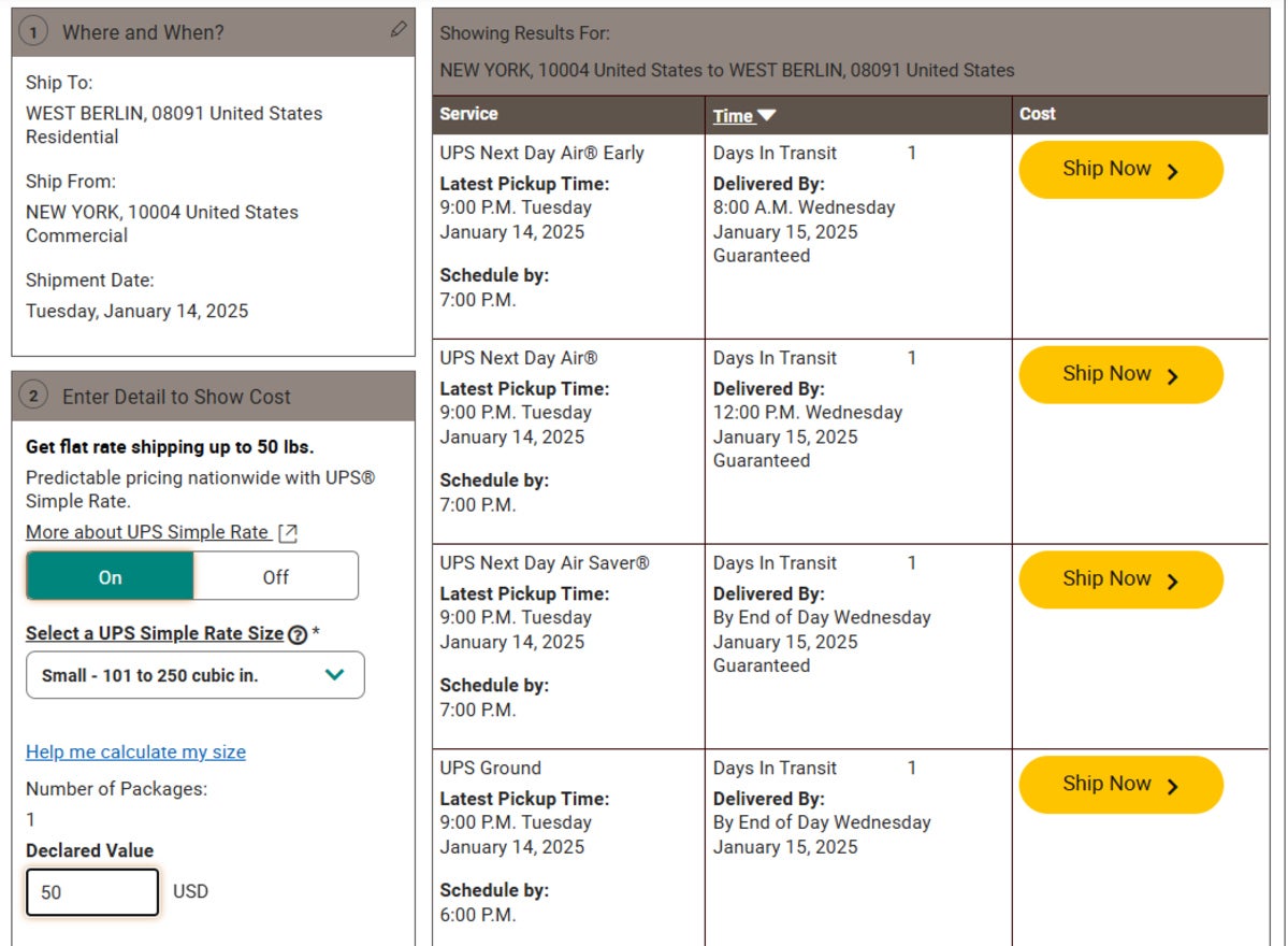 ups shipping rates after inputting parcel details