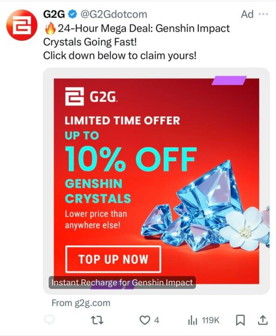 advertising a 24-hour mega deal for business g2g on X