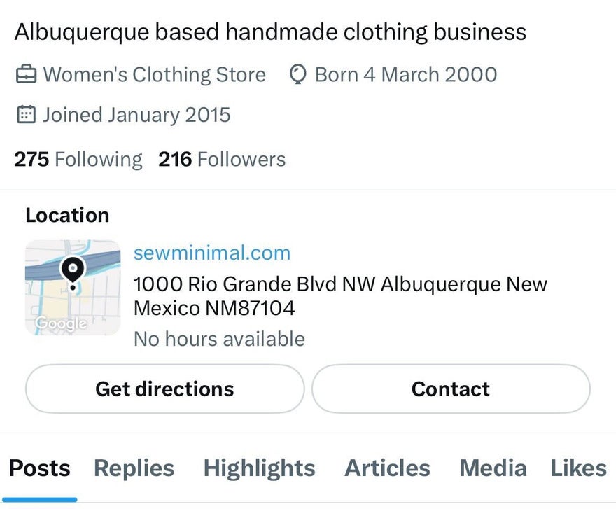 Location underneath an X bio for an Albuquerque based handmade clothing business