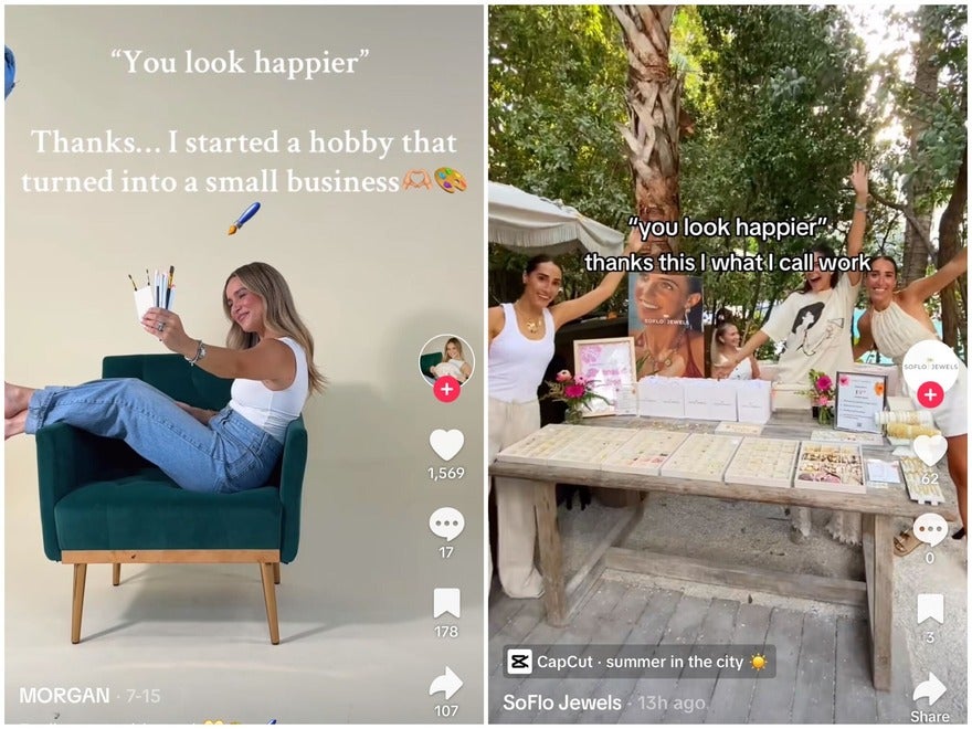 two examples of this trend. The left shows a girl sat on an armchair holding products for a photoshoot and the right shows a team happily celebrating their pop up jewelry stand