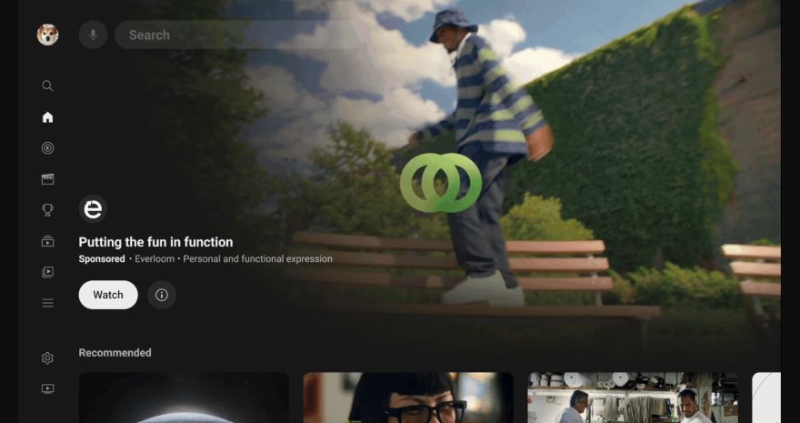 Screenshot of YouTube TV app homepage with an ad for Everloom on screen.