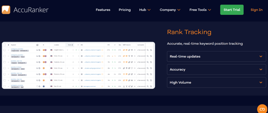 AccuRanker homepage showing its features
