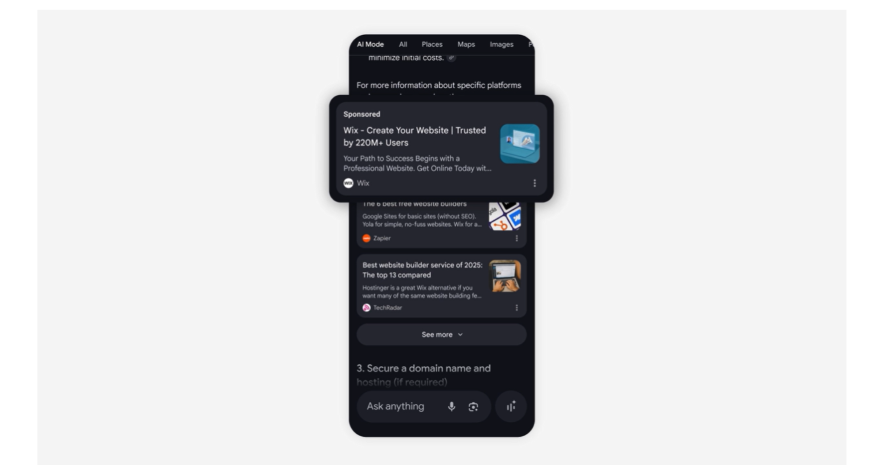 Screenshot of a phone screen highlighting a sponsored ad in an AI Mode search