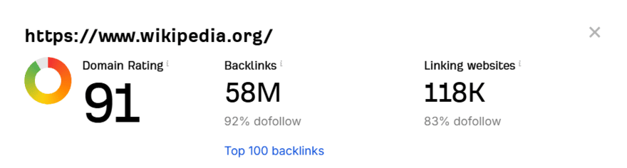 Wikipedia domain authority score in Ahref's free tool
